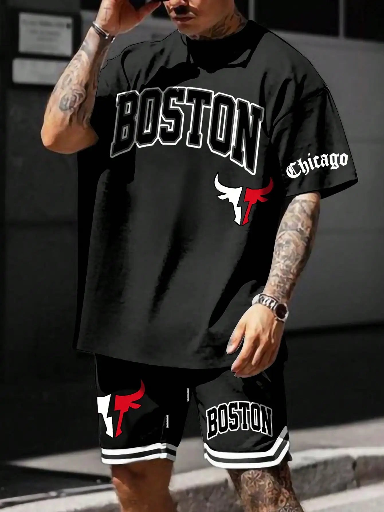 Men's sports suit, casual suit, fashionable letter printed round neck short-sleeved T-shirt, men's loose drawstring pocket shorts
