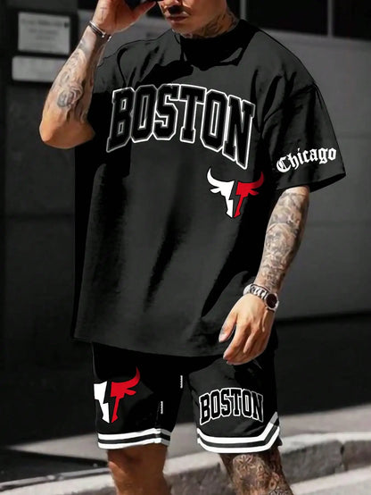 Men's sports suit, casual suit, fashionable letter printed round neck short-sleeved T-shirt, men's loose drawstring pocket shorts