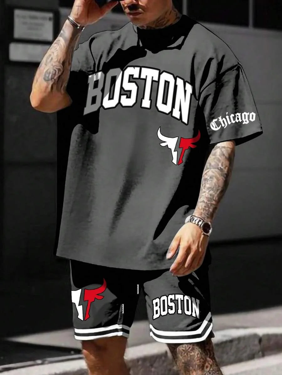 Men's sports suit, casual suit, fashionable letter printed round neck short-sleeved T-shirt, men's loose drawstring pocket shorts