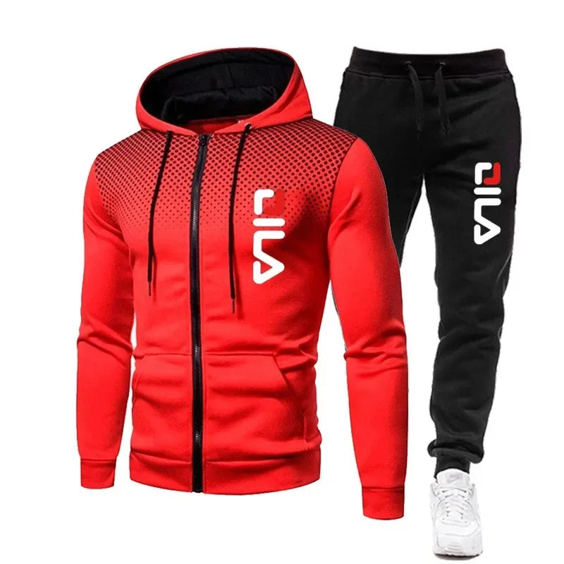 Autumn and winter outdoor new fashion fitness slow sport running suit men's zipper hooded jacket + casual pants two-piece set