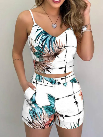 Women's Casual Summer 2 Piece Outfits - Print Spaghetti Strap Crop Top & Short Sets