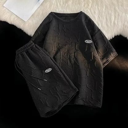 Men's Summer Loose-fit Waffle Check Short-Sleeve T-shirt and Casual Trendy Five-Point Sports Leisure Pants Set